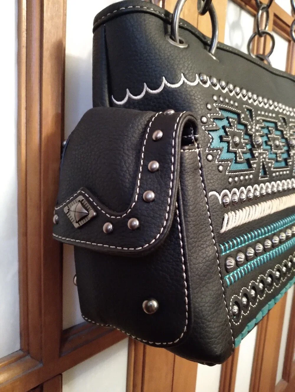 Gorgeous Montana West Black And Teal Studded Western Handbag Aztec Design NWOT